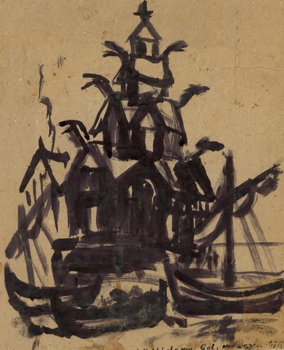 Küntze Stabkirche Gol Norsk Oslo Norwegen Zeichnung Gouache signiert 1952