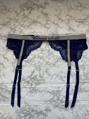 dark blue garter belt VICTORIA'S SECRET SHINE STRAP LACE GARTER BELT. SIZE M/L. DARK BLUE. NWT