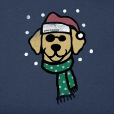 NWT Women's Life is Good  Holiday Dog Santa Hat Christmas Blue LS Crusher Tee