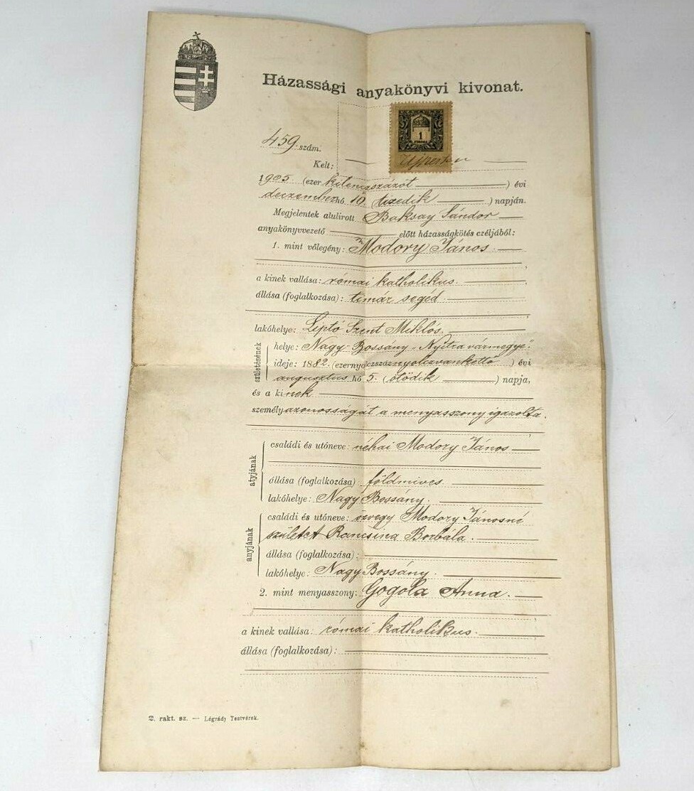 VTG Antique 1905 Hungary Hungarian Marriage Certificate Document