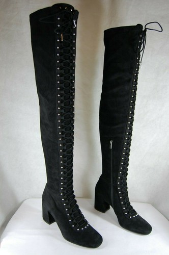 39 US 8.5 ❤️LE SILLA LACE UP VICTORIAN BLACK SUEDE STRETCH OVER THE KNEE  BOOTS | eBay