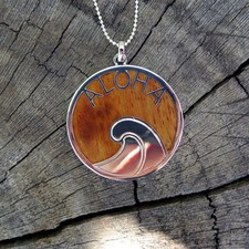 Hawaii Jewelry Koa Wood Circle Aloha Wave Silver Rhodium Plated Pendant BRP1009