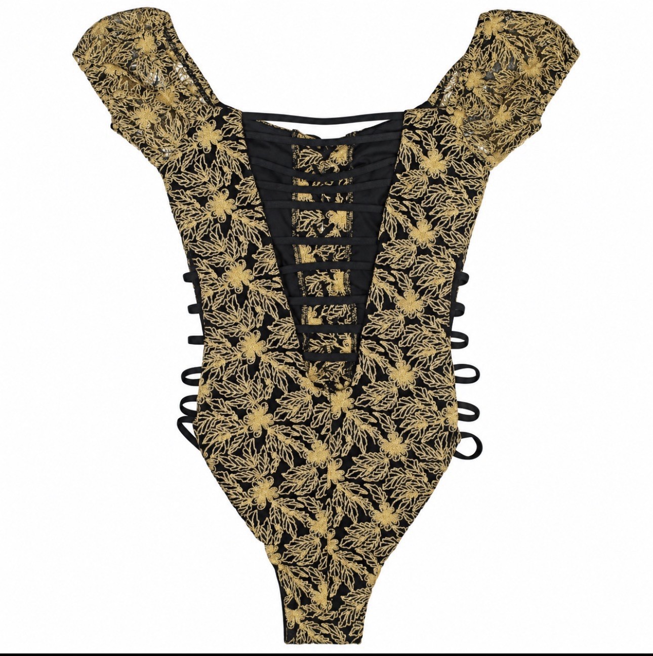 Blue Life Zingara Gold Embroidered Lace-Up One Piece Swimsuit M Boho