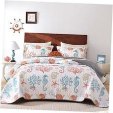 Coastal Quilt Set Size, 3 Pcs Summer Orange Beach Theme Queen Orange Ocean