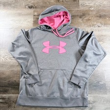 Under Armour Women's Gray Pink Big Logo Hoodie Sweatshirt Loose Fit