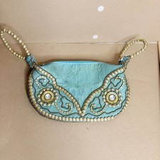 Boho Beaded Evening Clutch Purse India Handmade Blue Gold Wristlet Bag