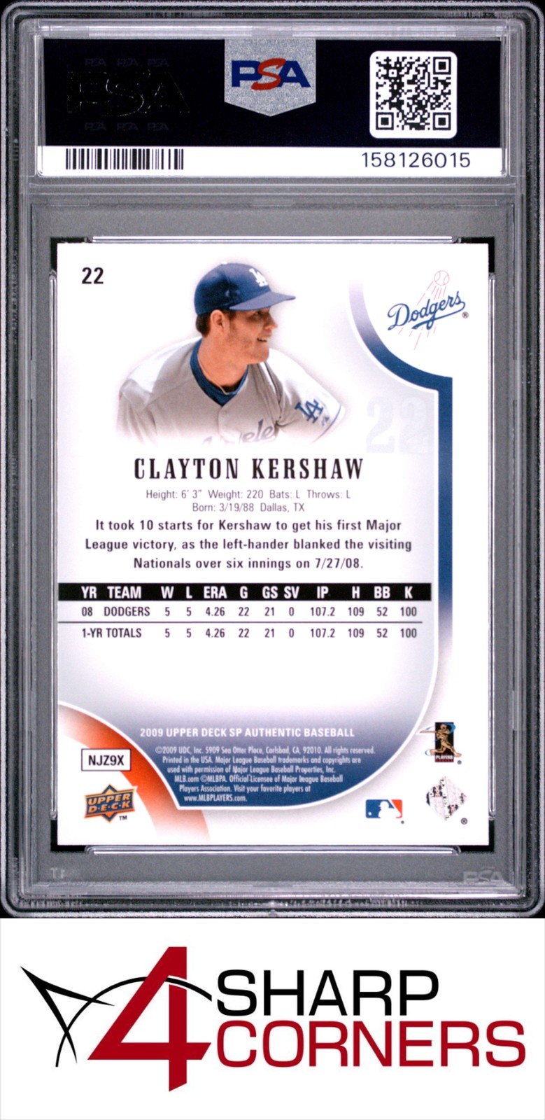 2009 SP AUTHENTIC #22 CLAYTON KERSHAW DODGERS PSA 9 view 2