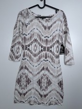BNWT Express Womens Ikat Tie Dye 3/4 Sleeve Boho Shift Dress Brown White Sz XS