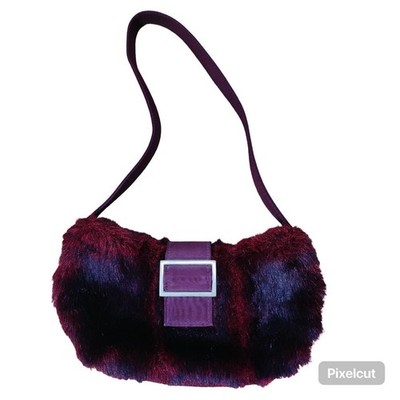 VTG Accessorize Burgundy Faux Fur Baguette Shoulder Bag Purse Silver Clasp RARE