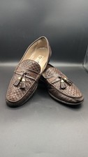 Gucci Italy Men Vgt Brown Woven Leather metal GG Clip Tassel Loafer 44M/US 10M