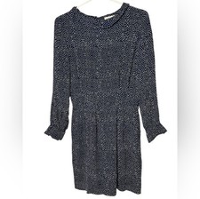 GANNI Navy Polka Dot Mini Dress S Long Sleeve Pleated Waist Flowy Viscose