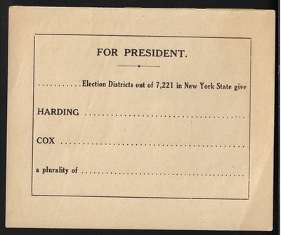 1920 Warren Harding Vs James Cox Paper Vote Count Tally Paper frm New York State