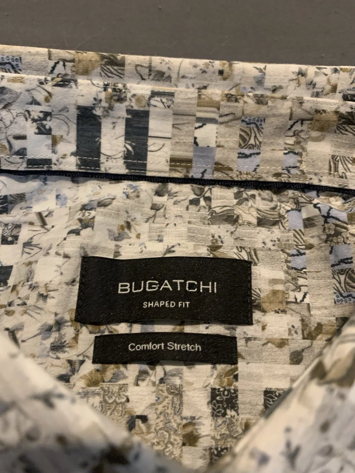 Bugatchi Shaped-Fit Comfort Stretch Shirt Mens XL White patchwork pattern - Image 3 of 4