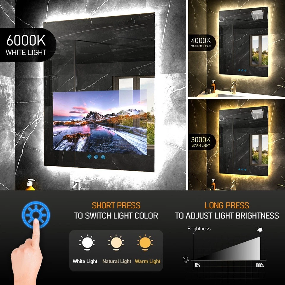 Espejo impermeable para baño inteligente 32"x24" luz tricolor con pantalla táctil de 21,5" Foto 2 de 4