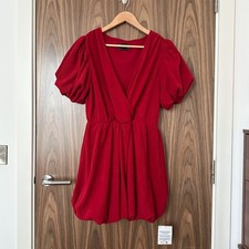 ASOS Red Cord Velvet Wrap Front Puff Sleeve Bubble Hem Mini Dress UK 10 NEW