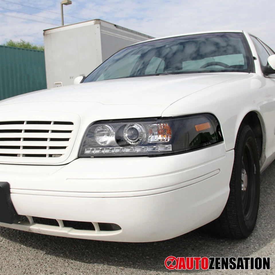 Fits 1998-2011 Ford Crown Victoria Black LED Strip Projector Headlights Lamps Foto 4 de 4