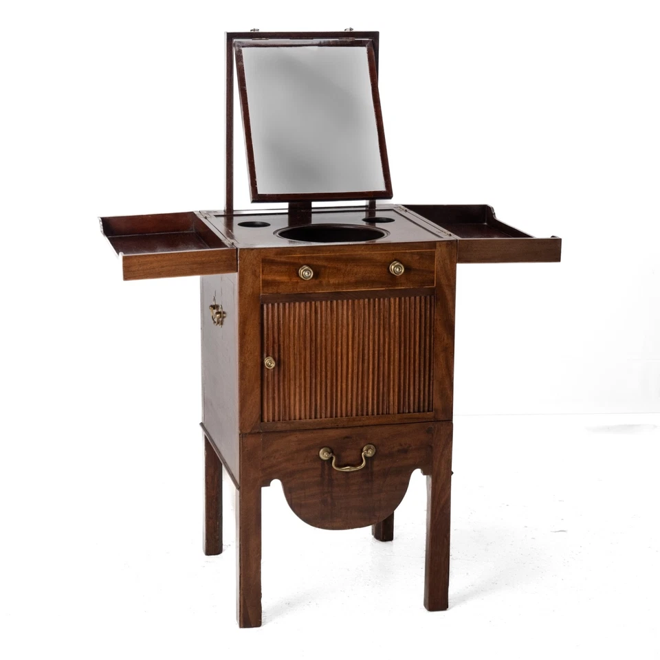 Lavabo con incrustaciones de boj de caoba georgiana c18th (armario de pandereta con espejo plegable Foto 2 de 4