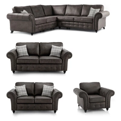 Oakland Charcoal Grey Large Leather Corner Sofa 3 Seater 2 Seater Premium Suite