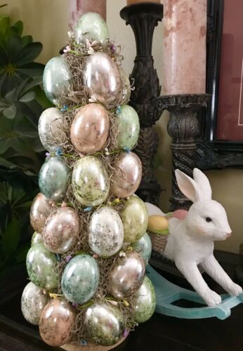 HANDMADE EASTER EGGS PASTEL SPECKLED SILVER TONE 18" TOPIARY TREE TABLE DECOR