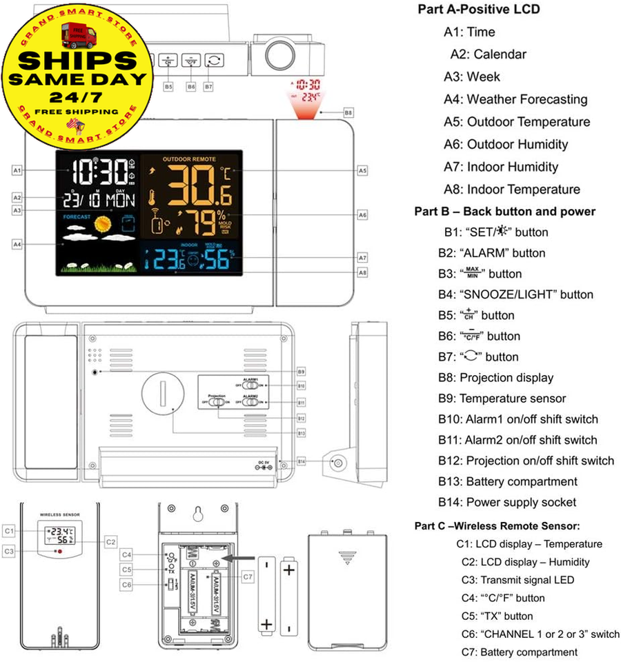 Projection Alarm Clock with Weather Station Temp & Humidity Monitor