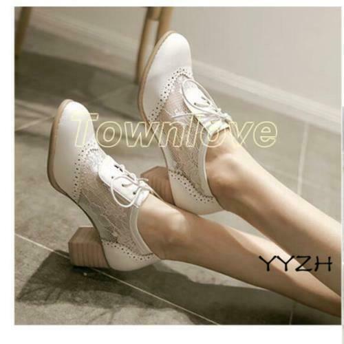 Womens Lace Up Mesh Chunky Mid Heel 
