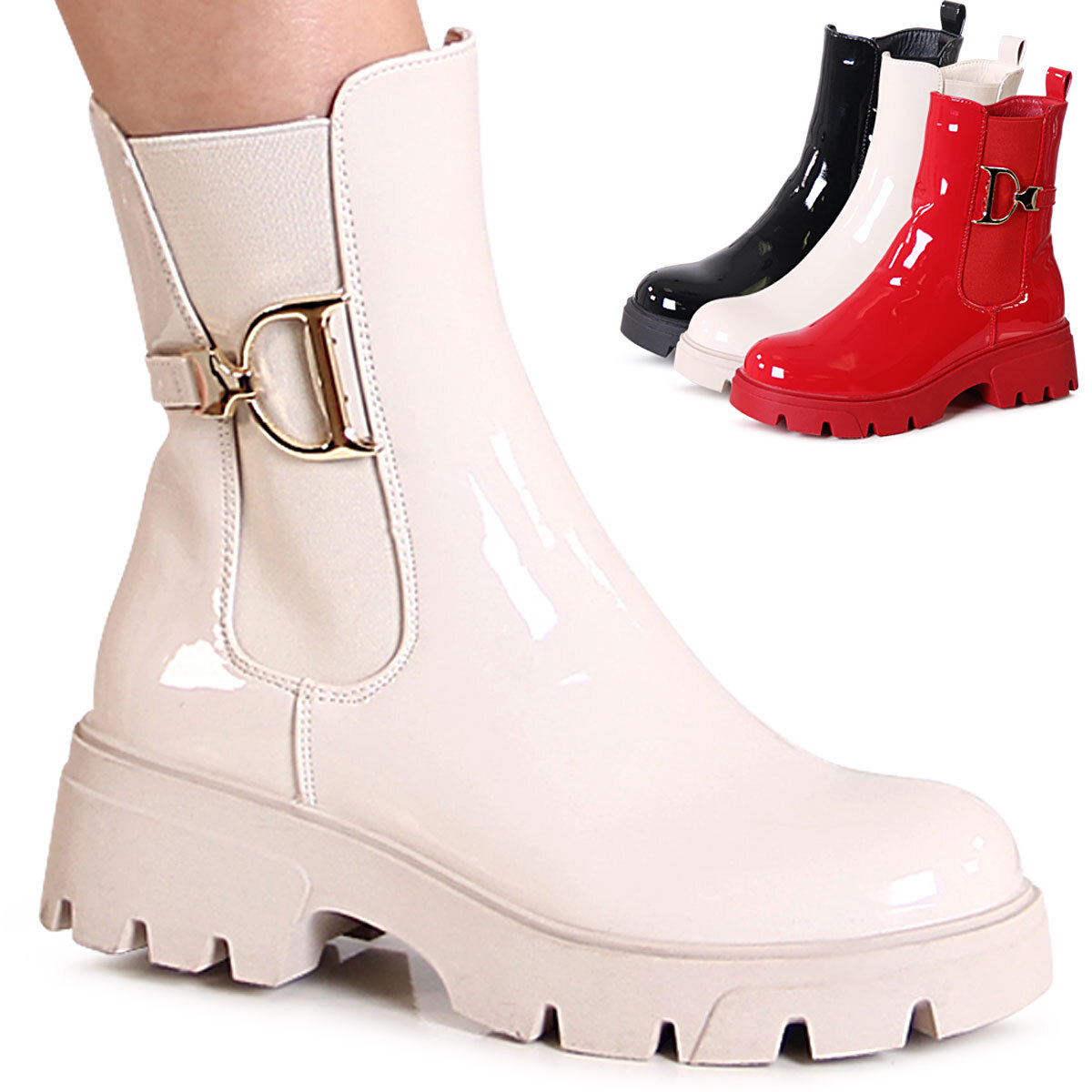 Damen Lack Stiefeletten Plateau Chelsea Boots Booties Kurzstiefel Trendy