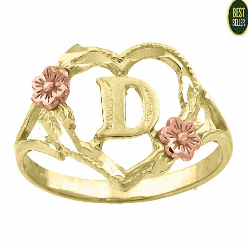 10KT Yellow Rose Gold Initial Alphabet D Fashion Flower Heart Ring Small  Womens