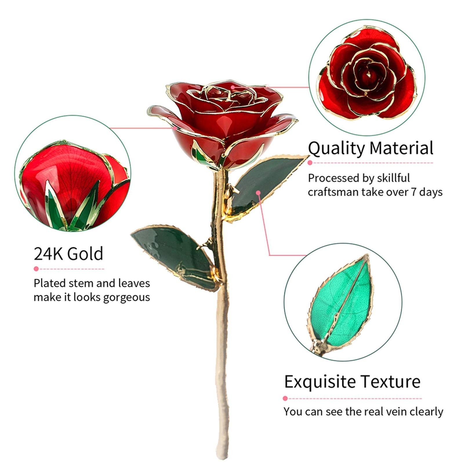 Fydun Senior Golden Rose Green Leaf red Long Stem Dipped 24k Gold Rose in Gif...