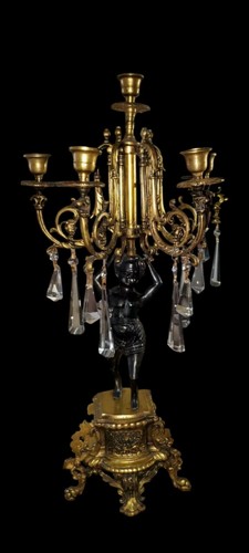 ANTIQUE FRENCH BRONZE 19TH CENTURY & CRYSTAL FIGURAL CANDELABRA CANDLESTICK - Picture 2 of 14