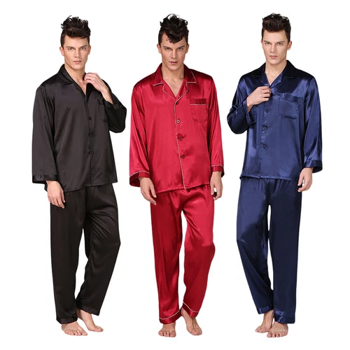 Men's Silk Satin Pajamas Pyjamas Set Long Sleeve Sleepwear Pijama Nightwear - Bild 3 von 50