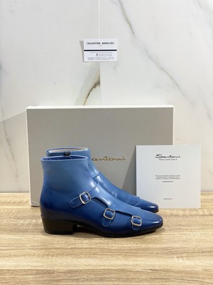 Santoni Stiefel Frau Limitierte Edition Luxury Leder Blau Dreifach Buckle 36 [#