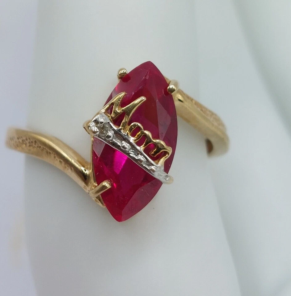 Vtg. 10k Gold MOM Ring Marquise Lab Created Ruby Solitaire Diamond Accent Size 5 - Image 4 of 4