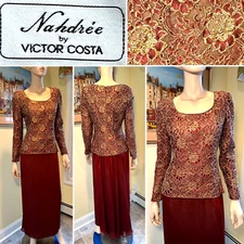 Vintage Nahdree VICTOR COSTA Size 6/Small Burgundy/Red Metallic Gold Gown Dress