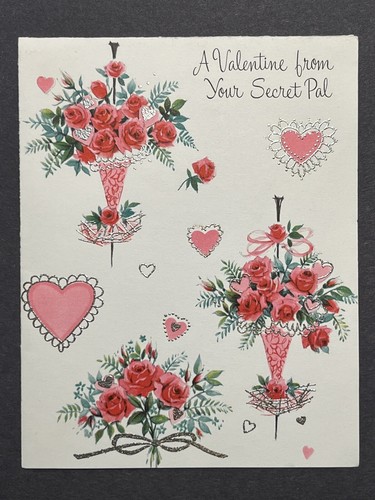Vintage Valentinstagskarte geheimer Bewunderer rosa Blumen Vergiss mich nicht unbenutzt - Bild 2 von 5