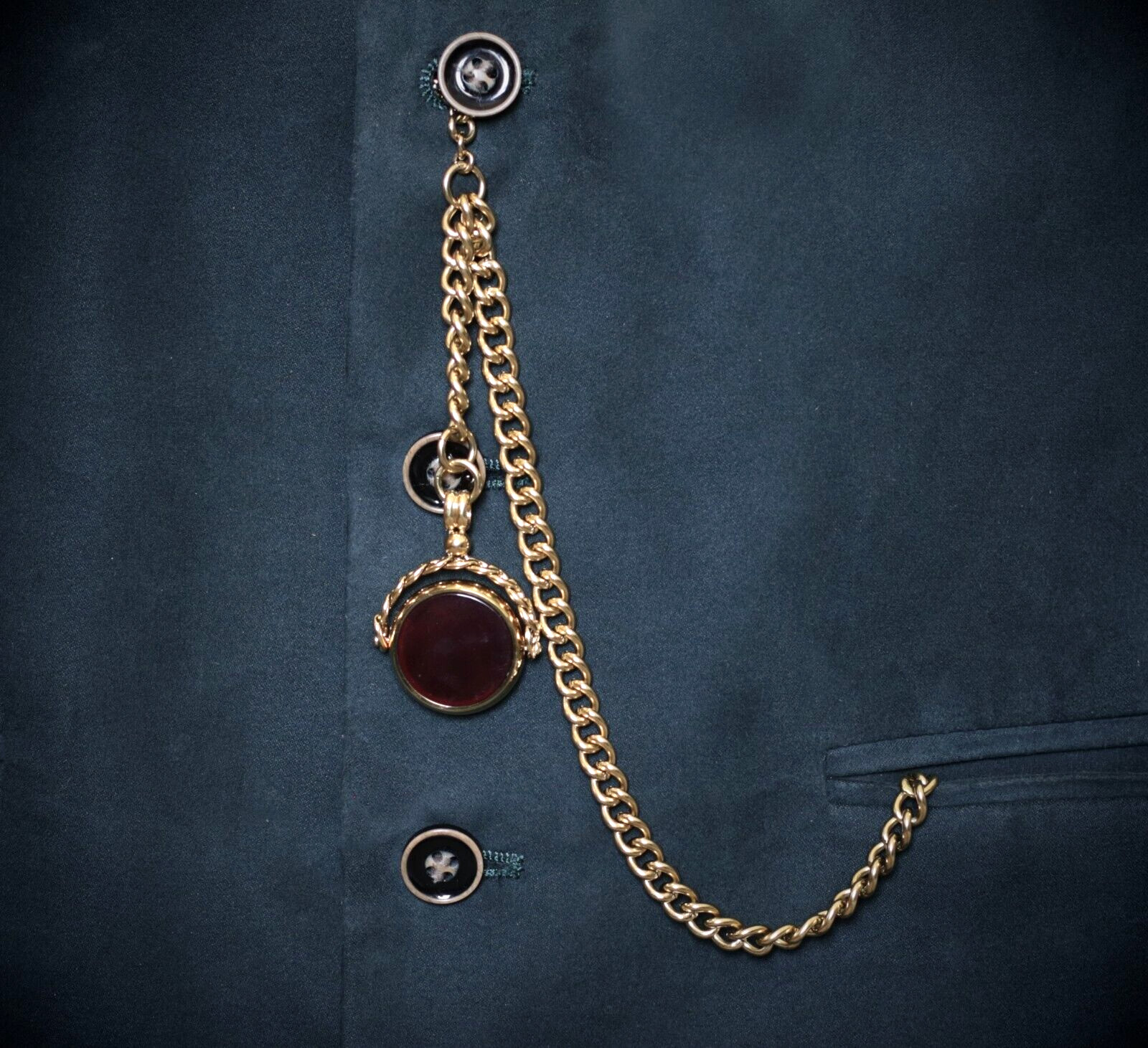 18ct Gold Plated Pocket Watch Albert Chain with Red Onyx Spinner