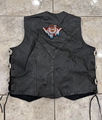 Women's S Hudson Leather black vest Harley Davidson Patch W/ side Lacing Conchos