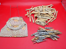 120 Vintage Wooden Clothes Pins Duck Bill Spring w/ Hanging Clothes Pin Bag