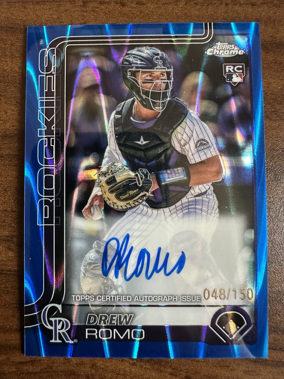 2025 Topps Chrome Blue Ray Wave #RA-DRR Drew Romo RC Rookie Auto Rockies /150