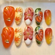 Fall Press On Nails Medium Almond Fake Nails Maple Leaves Nail almond-designs17