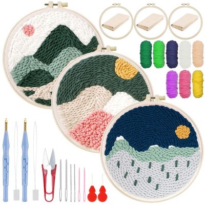 Woohome Punch Needle Kit Included Plastic 20cm diameter, Mountain Scenery 