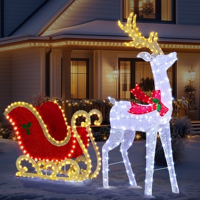 5 FT Reindeer Pulling Sleigh Christmas Decor w/ Lights for In