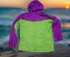 Marmot PreCip Rain Jacket Girls XL Purple Green Waterproof Hooded Shell EUC