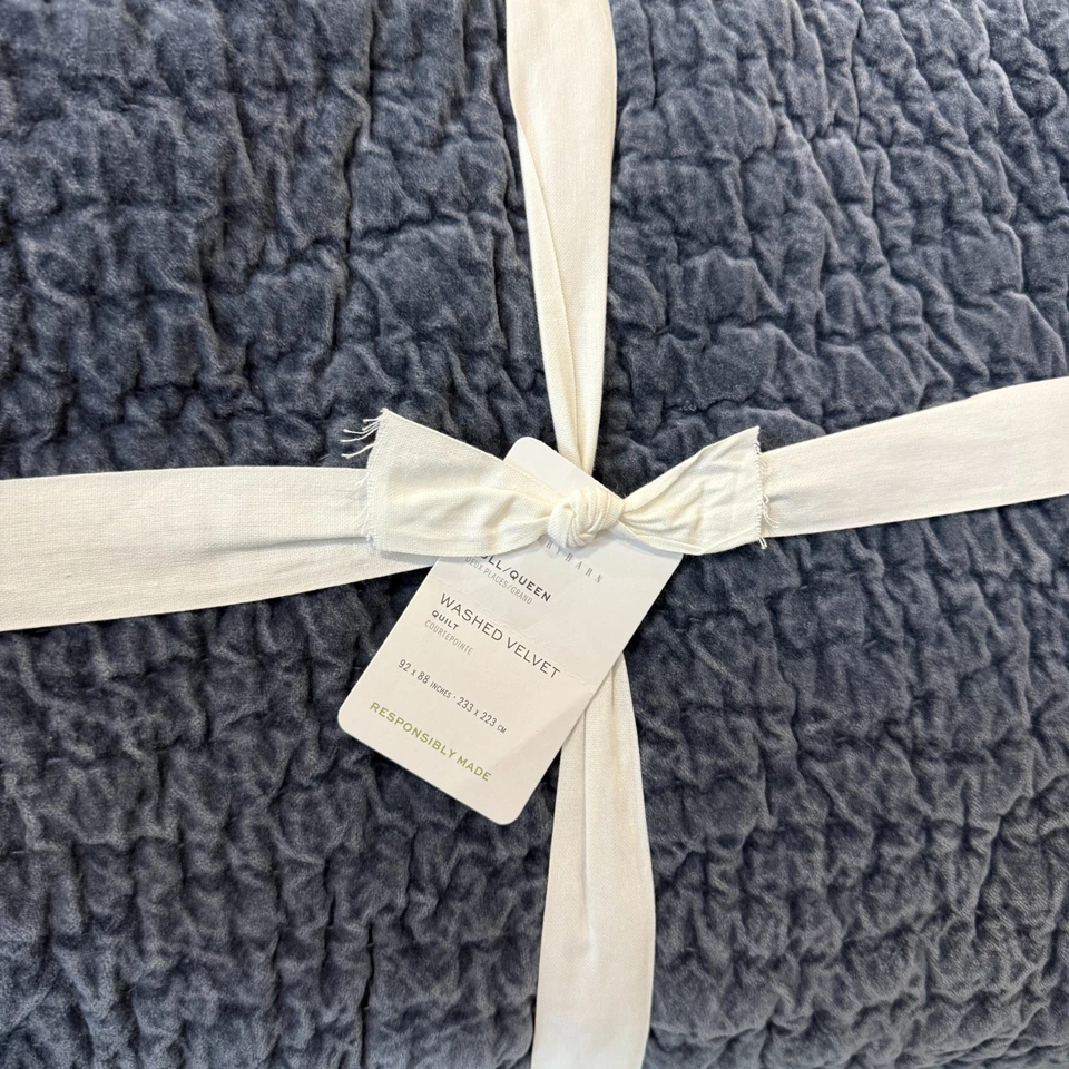 COLCHA ARTESANAL DE TERCIOPELO LAVADO GRANERO DE CERÁMICA, COMPLETA/REINA ~ AZUL COBALTO Foto 2 de 4