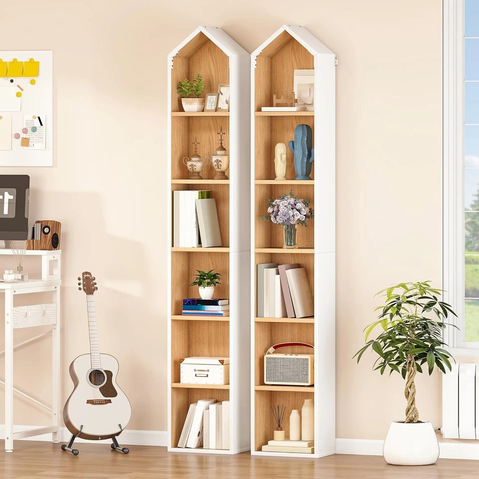Tall Narrow House-Shaped 6-Tier Corner Bookshelf Space-Saving Display Unit White - Image 2 of 4