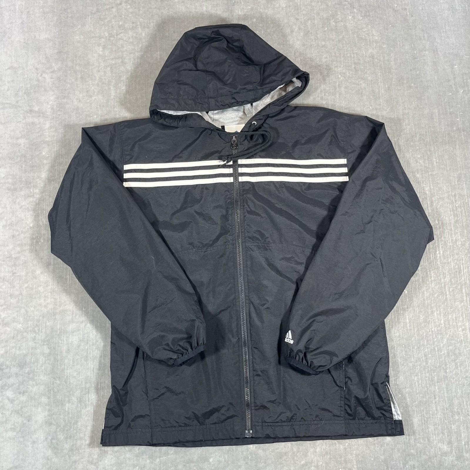 Adidas Mens Medium Black White Striped Hooded Windbreaker Jacket