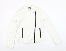 Sophylline Women's White Biker Jacket Size S Zip Detail Lined Tweed