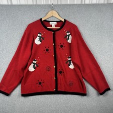 Croft  Barrow Cardigan Womens Large Red Snowman Snowflake Holiday Sweater Knit