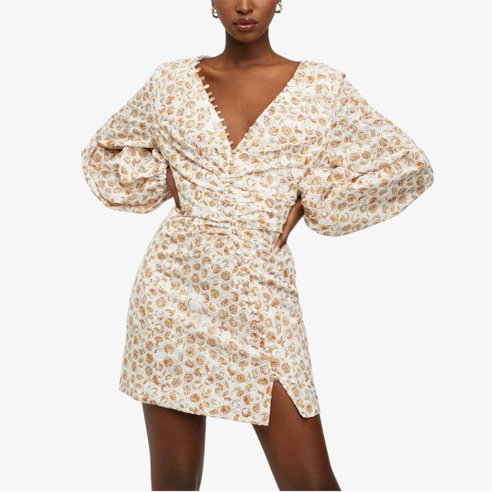 Bardot Printed Broderie Button Mini Dress S / AU 8 / US 4 Boho Cottage Sleeves