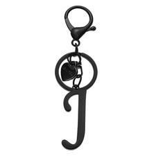 Initial Letter J Keychain, Stainless Steel Heart Alphabet Key Ring, Black