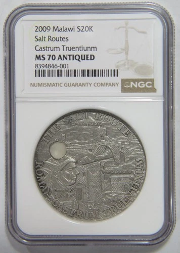 MALAWI SILVER 20 KWACHA SALT ROUTES SERIES CASTRUM TRUENTIUNM NGC MS70 ANTIQUED